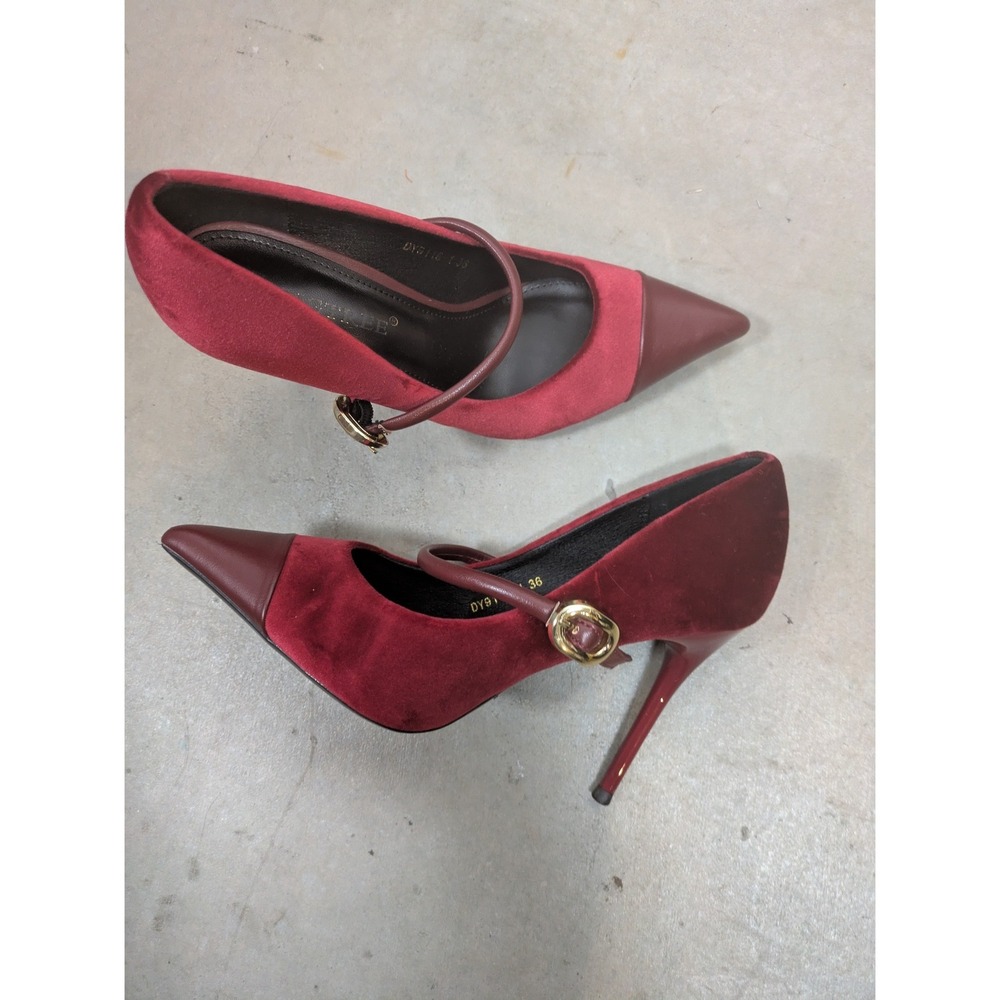 Bigtree Mary Jane Pumps Women's 36 Burgundy Velvet Pointed Toe Stiletto